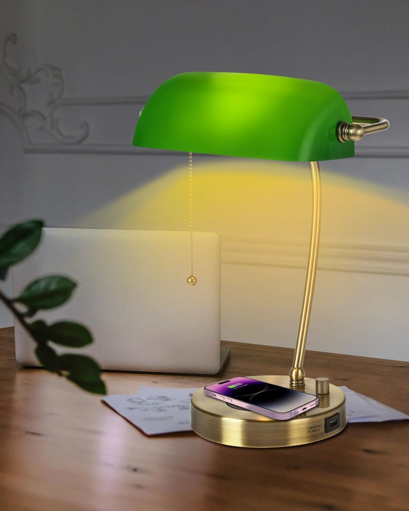 Newrays Green Glass Bankers Desk Lamp with Wireless Charger, USB Charging Port for Home Office,Stepless Dimmable Table Lamp Plug in Fixture,LED Bulb Included - Image 3